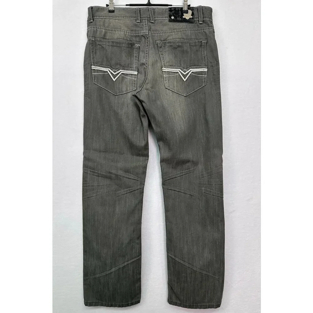 Platini Jeans Co Men’s Gray Distressed Jeans 36x32 Y2K Straight Leg Denim